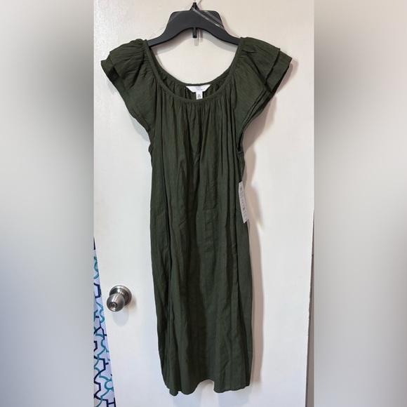 Time and Tru Dresses & Skirts - Time and Tru Olive Gathered Neckline Midi Flutter Dress-NWT- size 0-2